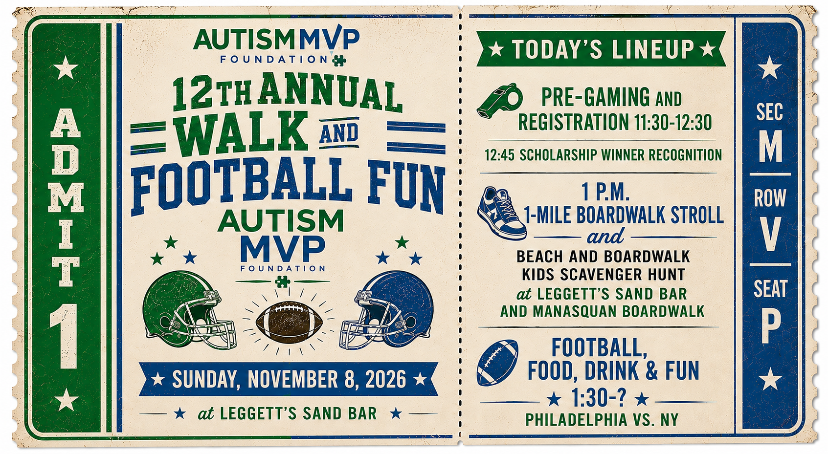 A vintage sports ticket showing details of this charity event.